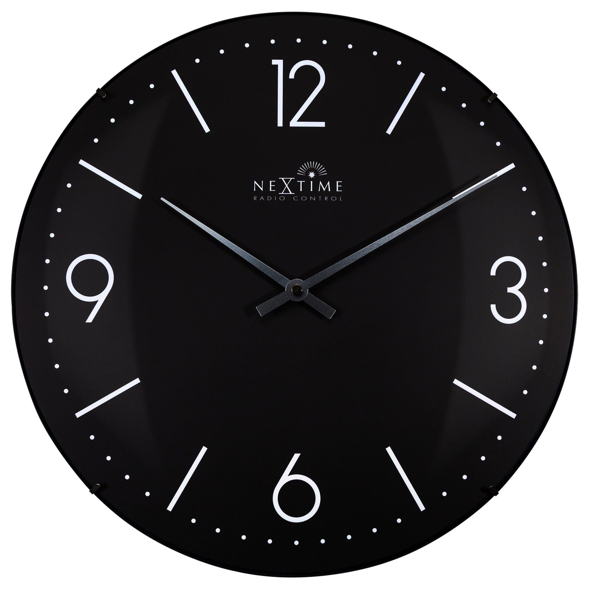NeXtime Atomic radio-controlled wall clock with 35cm dome glass, sleek design, and black hour markers.